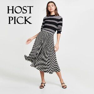 NWT Club Monaco black & cream pleated stripe print midi skirt, 2
